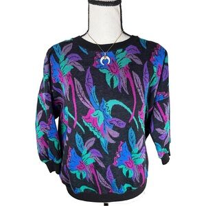 Vintage 80s Memphis Jazz Knit Sweater | Abstract Floral Neon Print | Made in USA